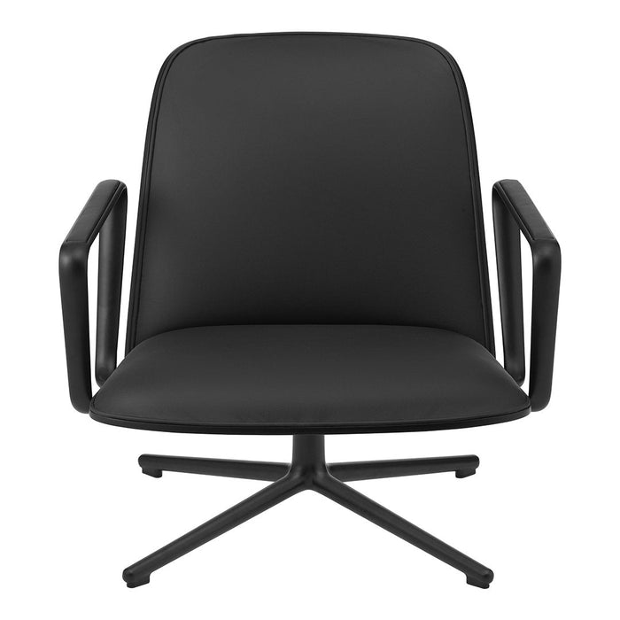 Black modern armchair with a sleek design and minimalistic pattern, featuring a smooth finish and sturdy base.