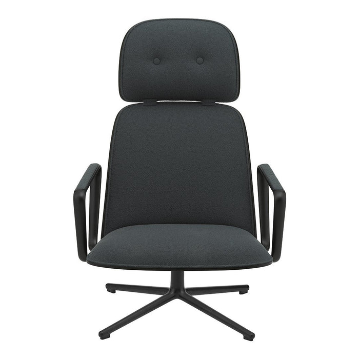 Black upholstered office chair with a sleek design and subtle textured pattern. Ideal for modern workspaces.