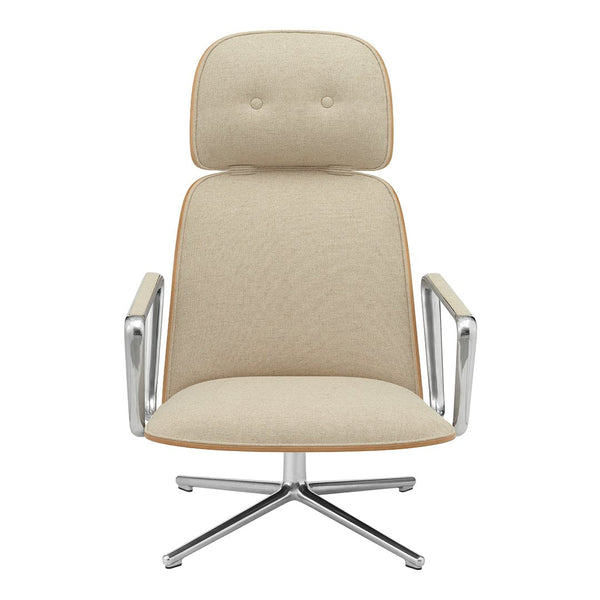 Beige upholstered chair with a textured pattern and chrome accents, featuring a sleek modern design.