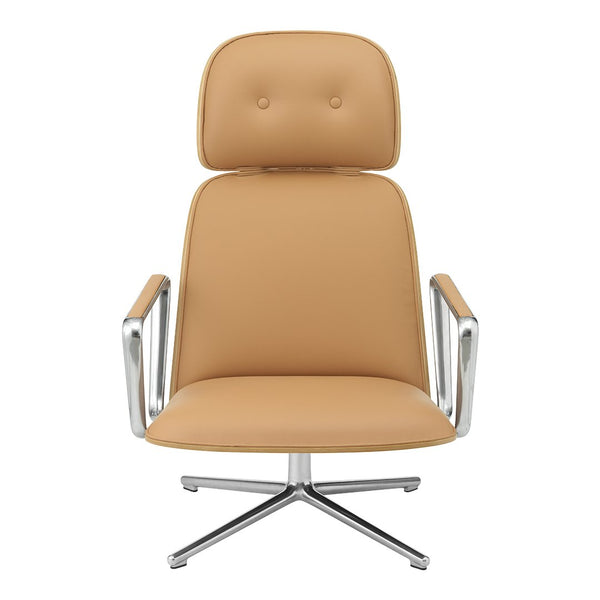 Tan leather chair with a sleek chrome base and minimalist design, featuring subtle tufting on the headrest.