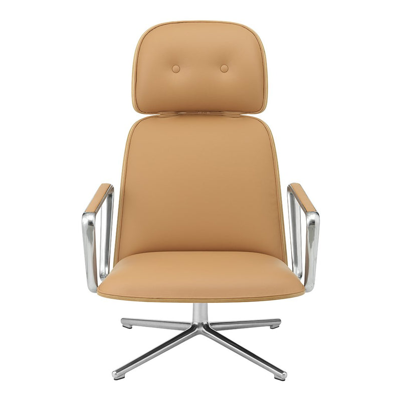 Tan leather chair with a sleek chrome base and minimalist design, featuring subtle tufting on the headrest.