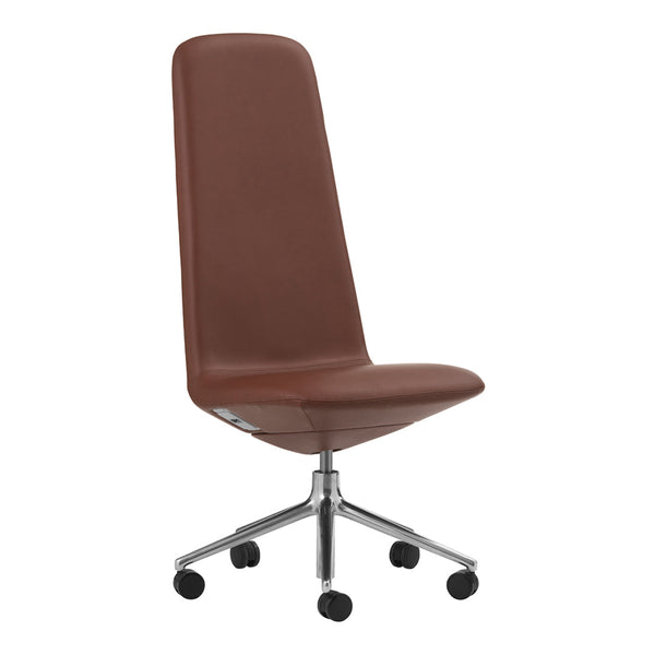 Brown, sleek office chair with a tall back, featuring a smooth leather texture and chrome wheels.