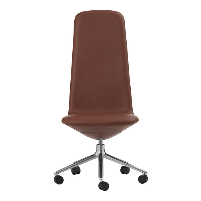 Brown leather office chair with a sleek design and chrome base, featuring a smooth, modern finish.