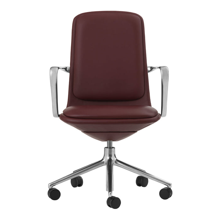 Burgundy office chair with a sleek design and polished chrome accents, featuring a smooth, minimalist pattern.