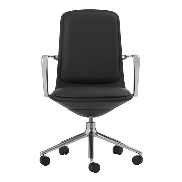 Black ergonomic office chair with sleek chrome accents and smooth, minimalist design. Ideal for modern workspaces.