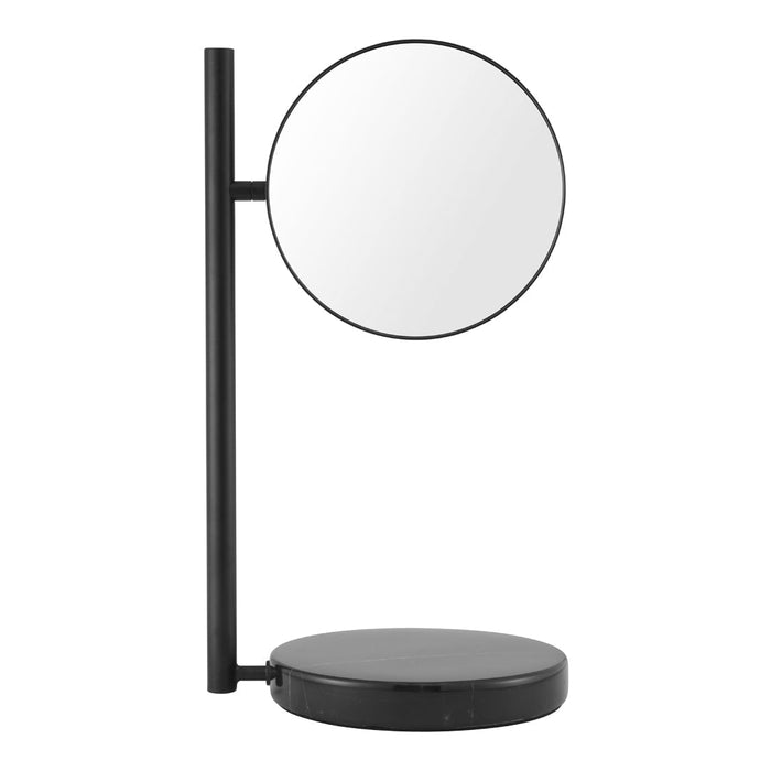 Sleek black tabletop mirror with a minimalist design and smooth circular reflective surface. Perfect for modern decor.