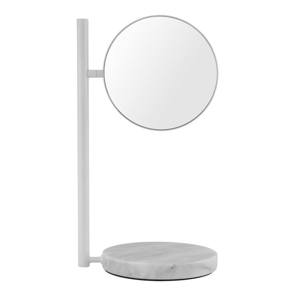 White tabletop mirror with a minimalist design featuring a round mirror and a smooth, circular marble base.