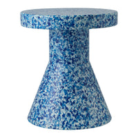 Blue speckled patterned accent table with a modern cone shape. Ideal for contemporary decor.