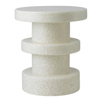White textured three-tiered accent table with a smooth circular top and cylindrical base. Ideal for modern decor.