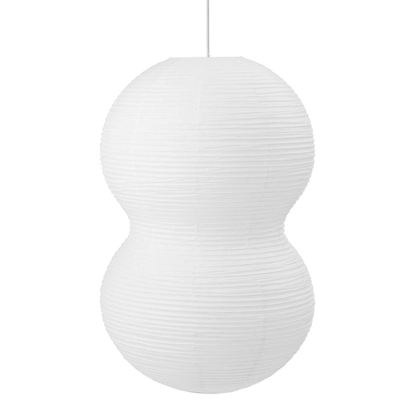 White paper pendant lamp with a ribbed texture and an elegant double shape, perfect for modern decor.