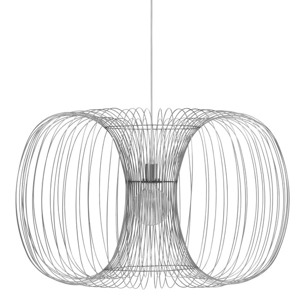 Modern silver wire pendant light featuring a unique curved pattern. Ideal for contemporary decor.