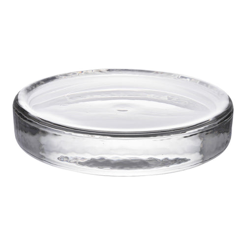 Clear glass round dish with a smooth finish and subtle textured rim, ideal for showcasing decor or serving.
