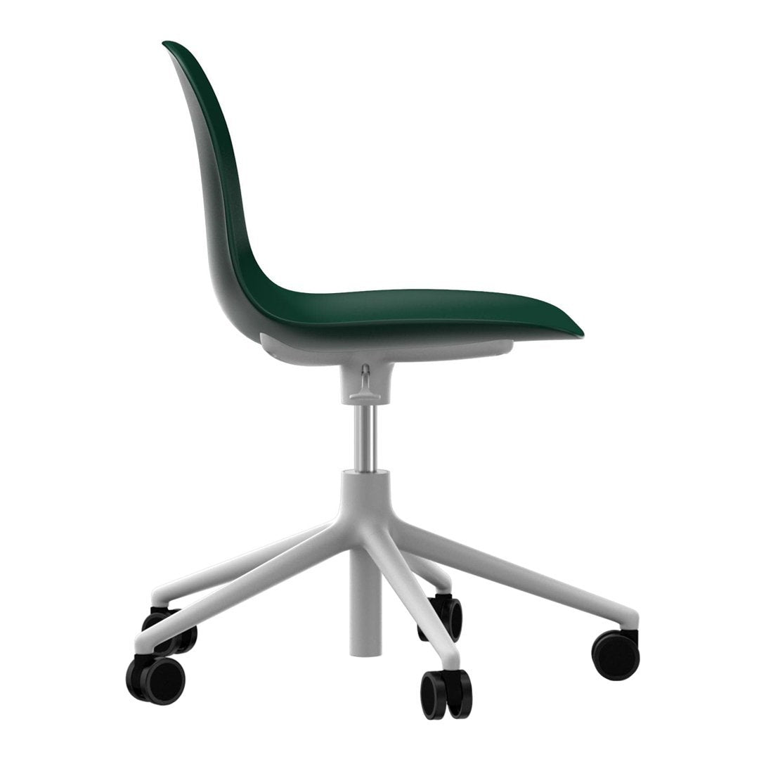 Green molded plastic chair on a white rolling base, featuring a sleek, modern design with a minimalist aesthetic.
