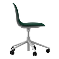 Green molded plastic chair on a white rolling base, featuring a sleek, modern design with a minimalist aesthetic.