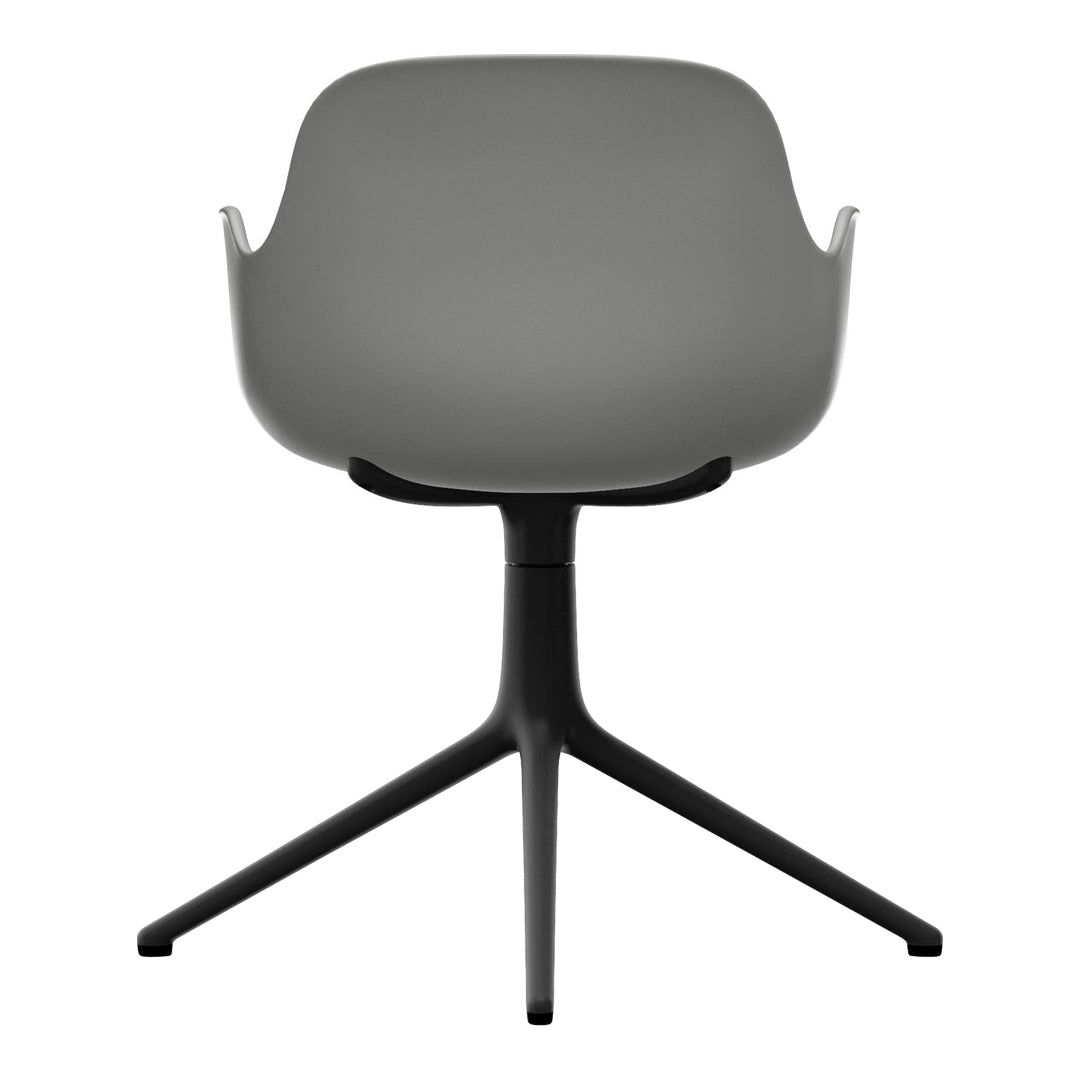 Gray molded chair with a sleek black base and minimalist design. Ideal for modern decor.