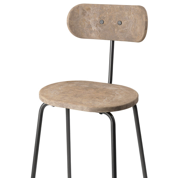 Natural wood grain chair with a simple curved backrest and matte black metal legs. Modern minimalist design.