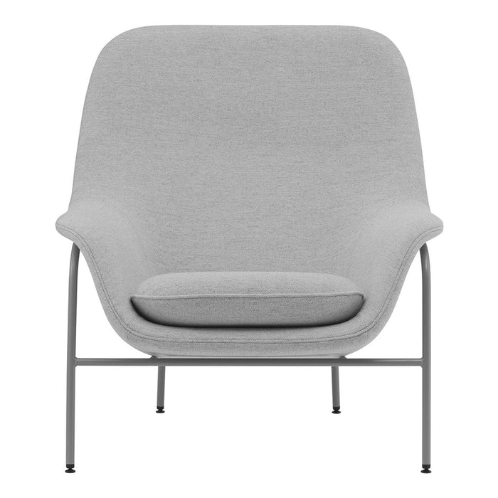 Gray upholstered chair with smooth, minimalist design and subtle textures, set on a sleek metal frame.