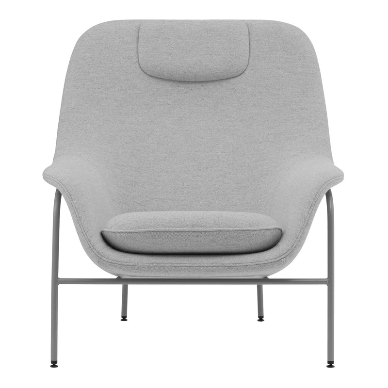 Gray upholstered chair with a smooth, minimalist design and contrasting metal legs. Perfect for modern interiors.