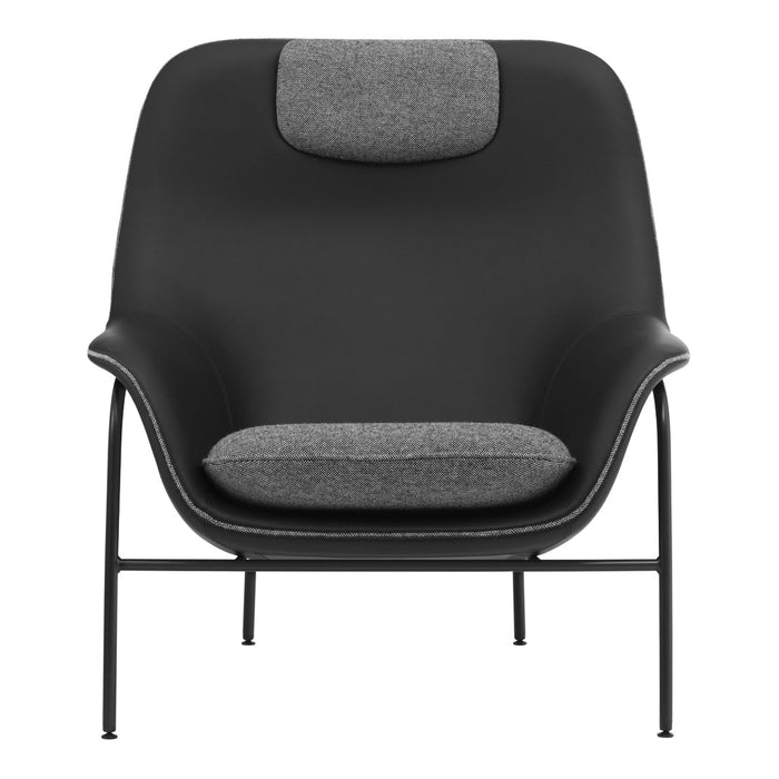 Black and gray chair featuring a sleek design with a textured fabric seat and backrest. Modern aesthetic.