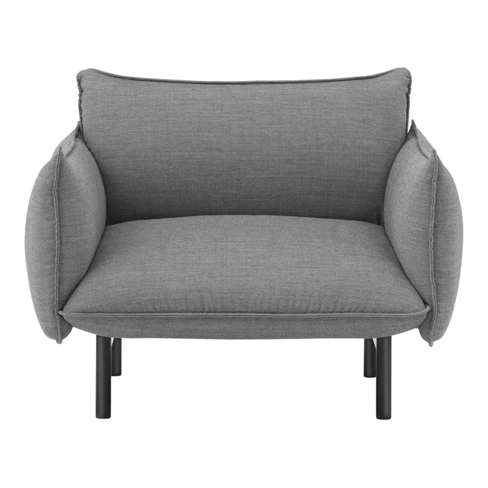Gray upholstered chair with a smooth texture and minimalist design, featuring round side cushions and sleek black legs.