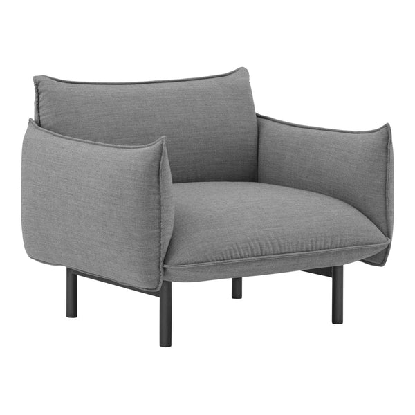 Stylish gray armchair with soft fabric, featuring a contemporary design and minimalist black metal legs.