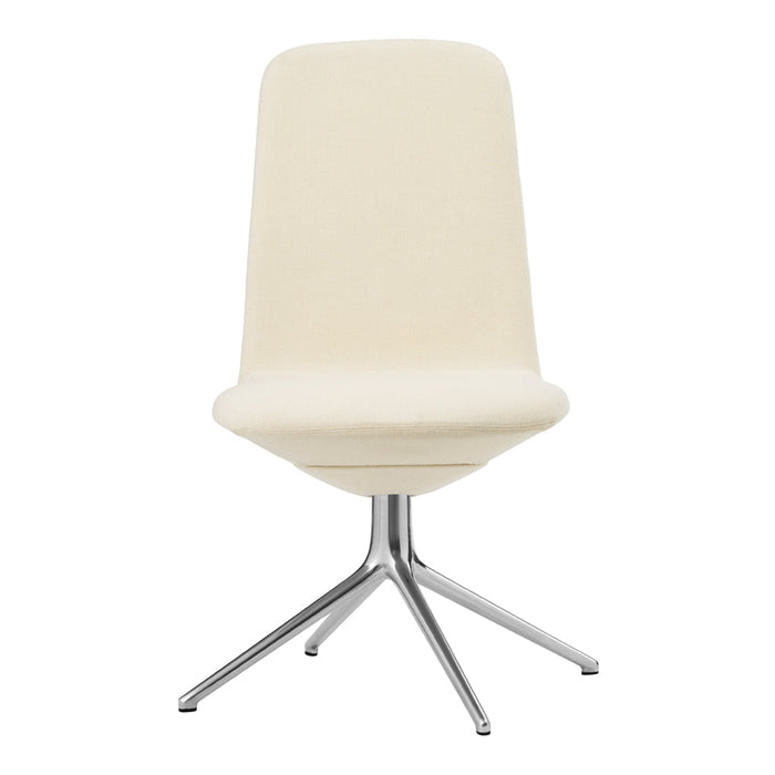 Cream-colored chair with a smooth, minimalist design and a sleek chrome base. Perfect for modern decor.
