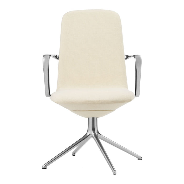 Cream-colored upholstered chair with a sleek chrome base and minimalist design. Perfect for modern interiors.