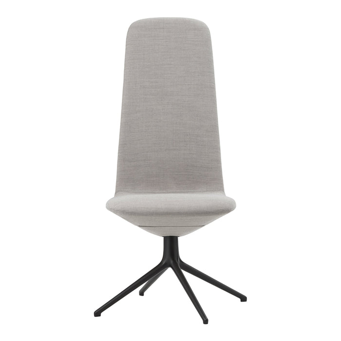 Tall, sleek chair in light gray fabric with a minimalist design and black metal base, perfect for modern decor.