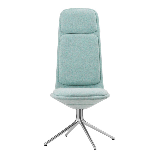 Light teal upholstered chair with a smooth, minimalist design and chrome base, featuring soft, textured fabric.