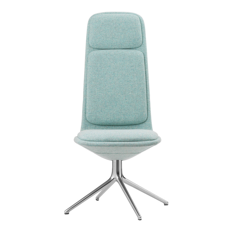 Light teal upholstered chair with a smooth, minimalist design and chrome base, featuring soft, textured fabric.