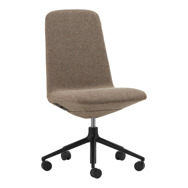 Brown textured fabric office chair with a sleek design and black rolling base, perfect for modern workspaces.