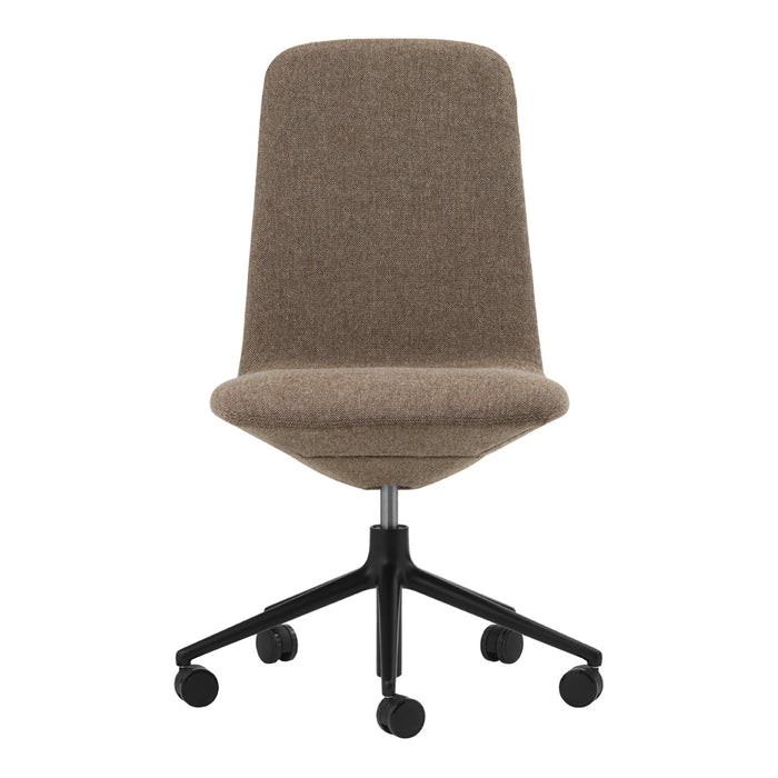 Brown upholstered office chair with a smooth texture and black five-star base, perfect for modern workspaces.