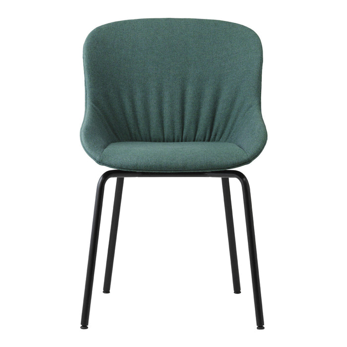 Green upholstered chair with a textured finish and sleek black metal legs. Modern design ideal for home decor.
