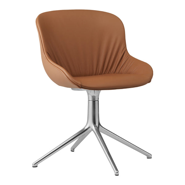 Brown upholstered chair with a smooth, minimalist design and a sleek silver base. Ideal for modern interiors.