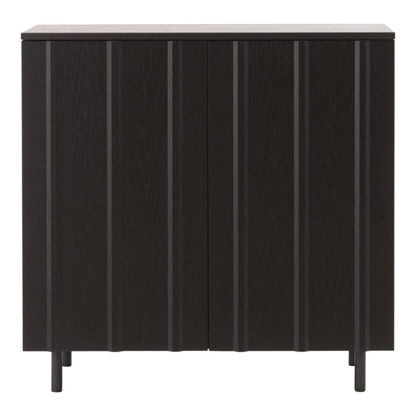 Black wooden cabinet with vertical groove pattern and sleek legs, perfect for modern decor styling.