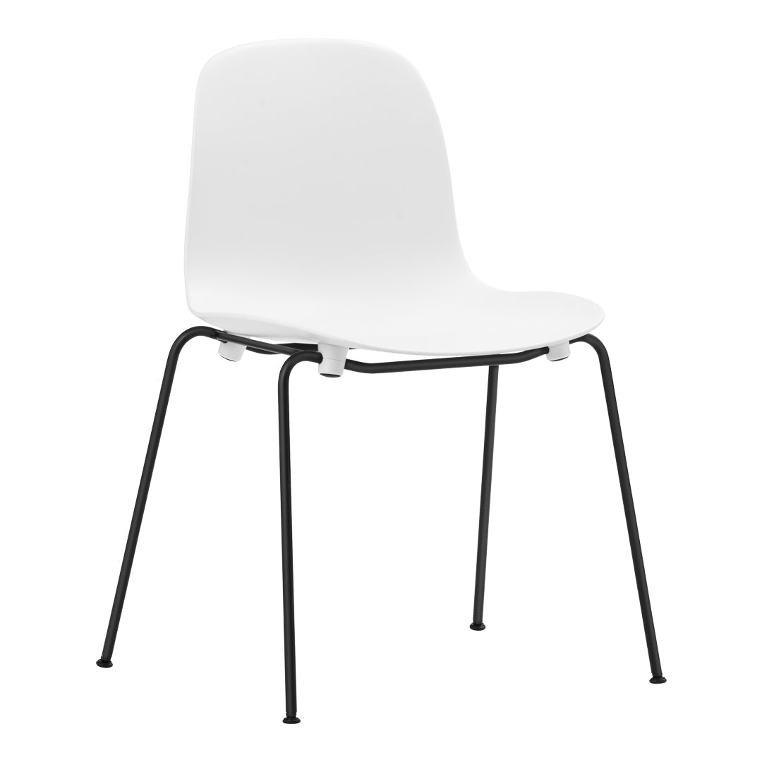 White modern chair with a sleek design and black metal legs, perfect for contemporary decor.