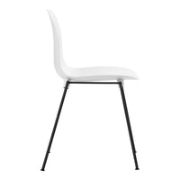 Sleek white chair with a smooth finish and minimalist design, featuring contrasting black metal legs.