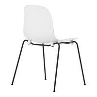 White modern chair with a sleek design and black metal legs, showcasing a minimalistic look.