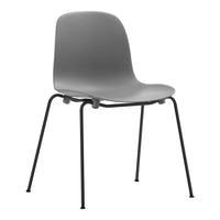Modern gray plastic chair with sleek black metal legs, featuring a smooth, minimalist design for contemporary decor.