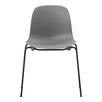 Gray molded plastic chair with sleek black metal legs, featuring a minimalist design and smooth surface.