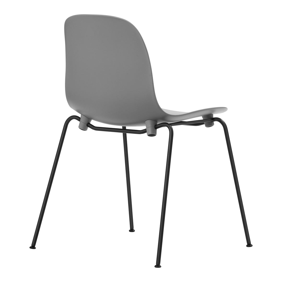 Gray plastic chair with smooth curves and black metal legs, showcasing a modern minimalistic design.