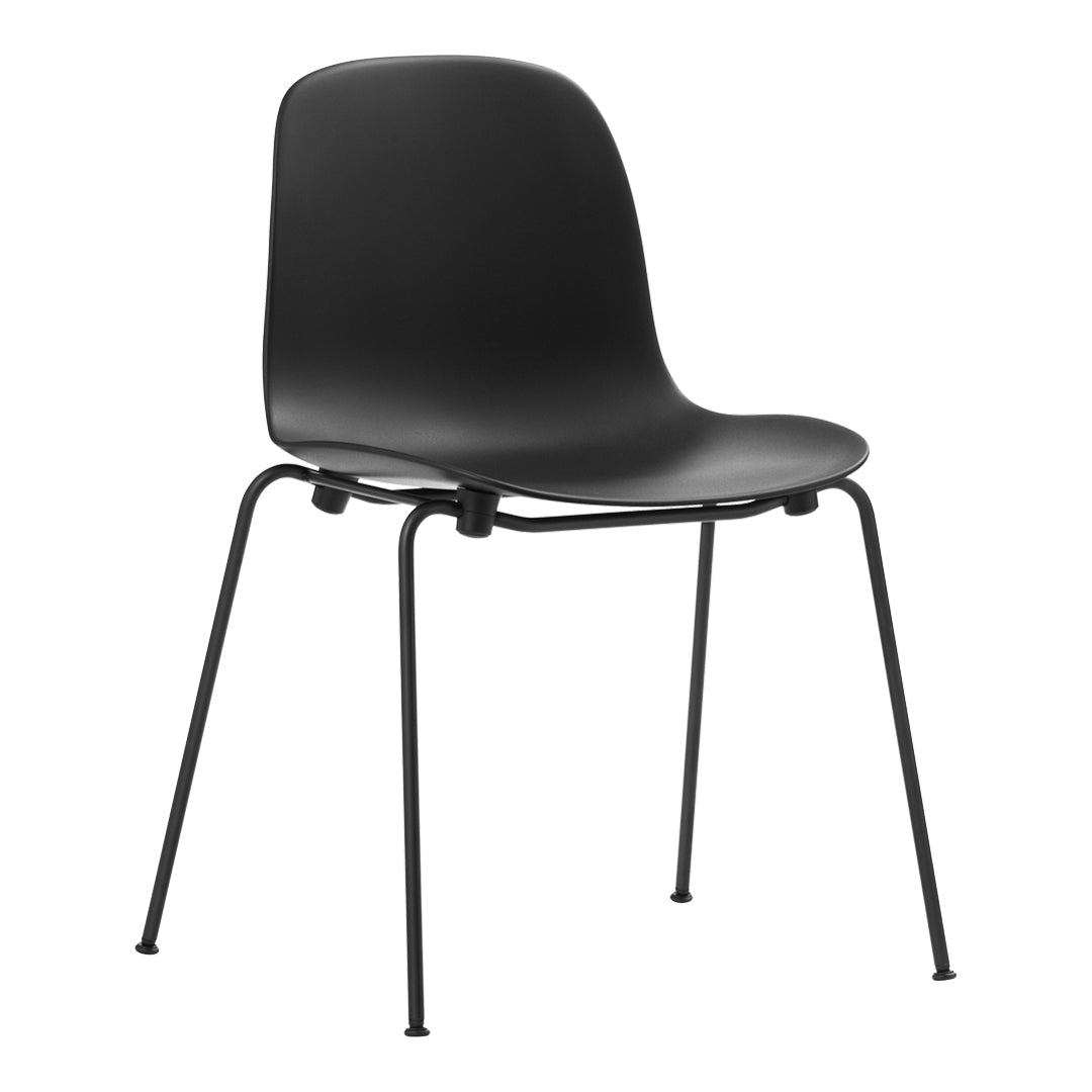 Black molded chair with a smooth finish and sleek metal legs, showcasing a minimalist design. Perfect for modern spaces.