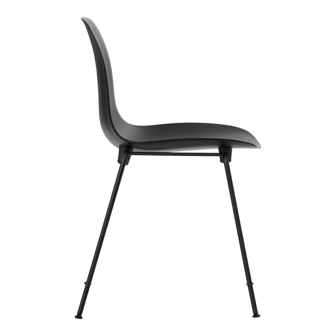Black modern chair with a smooth curved seat and sleek black legs, featuring a minimalist design.