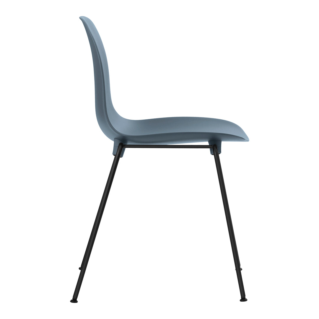 Side view of a modern chair in soft blue with sleek black legs, showcasing a minimalist design and smooth curves.