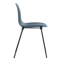 Side view of a modern chair in soft blue with sleek black legs, showcasing a minimalist design and smooth curves.