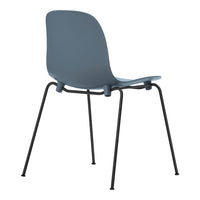 Light blue chair with a smooth surface and black metal legs, showcasing a minimalist design.