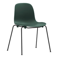 Solid dark green chair with a smooth finish and sleek black metal legs, perfect for modern decor.