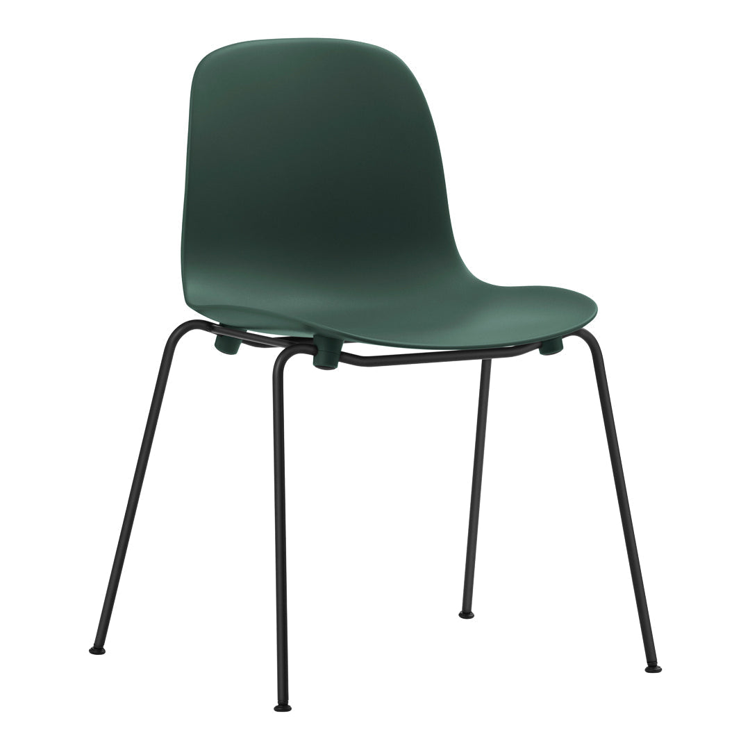 Solid dark green chair with a smooth finish and sleek black metal legs, perfect for modern decor.