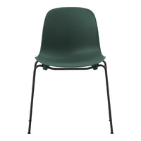 Green plastic chair with a smooth finish and black metal legs for a modern, minimalist look.