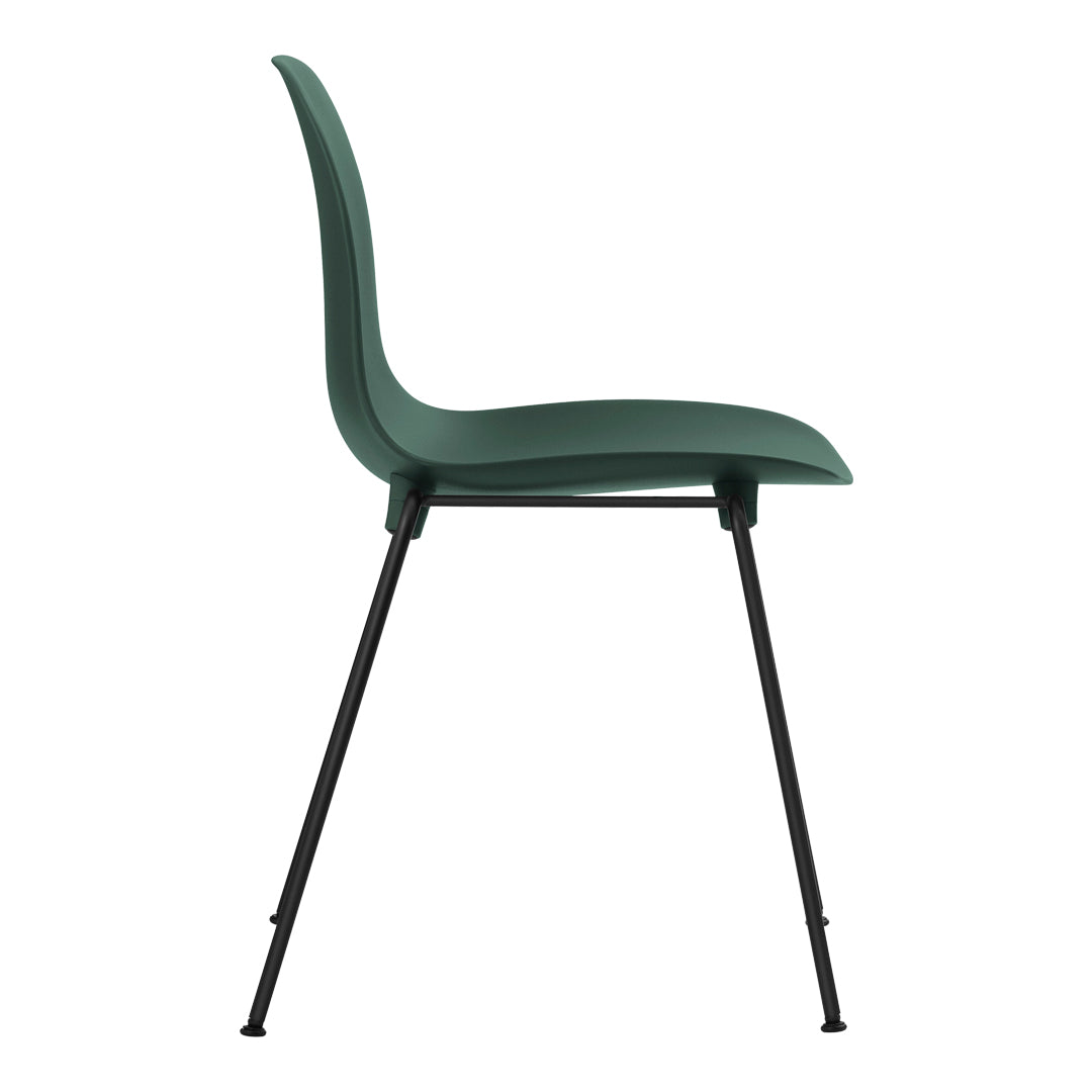 "Green plastic chair with a sleek design and black metal legs, featuring a smooth, minimalist silhouette."